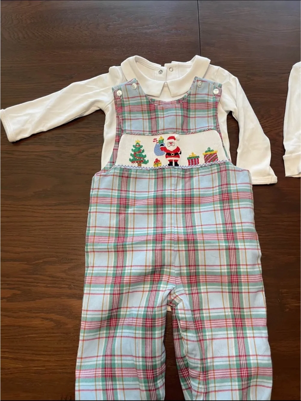 Holiday Plaid Smocked Santa One-Piece Bodysuit - Cream & Light Blue